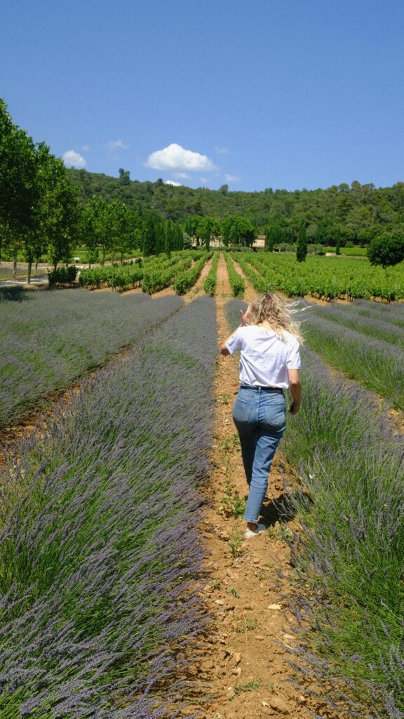 Jeune femme blonde dans un champ de lavande en Provence, entourée de fleurs violettes sous le soleil. Blonde woman standing in a lavender field in Provence, surrounded by purple flowers under the sun.