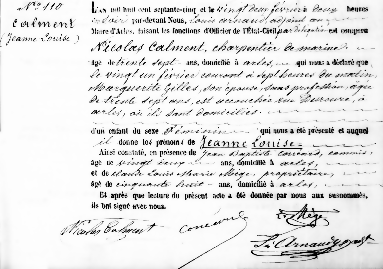 Acte de naissance de Jeanne Calment, document historique d’Arles, Provence. Birth certificate of Jeanne Calment, historical document from Arles, Provence.