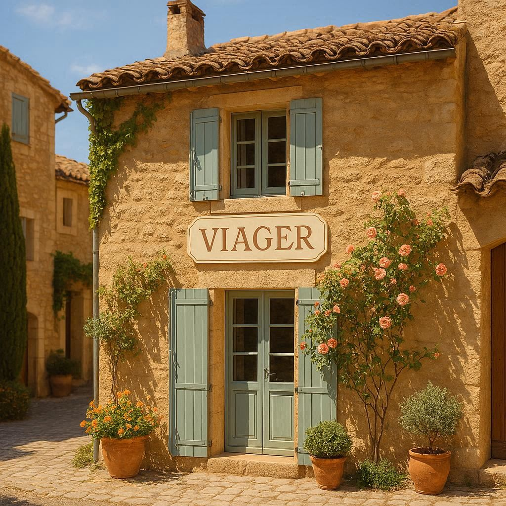 Illustration d’une maison en Provence avec le mot « viager », concept de vente en viager en France. Illustration of a house in Provence with the word “viager,” concept of life annuity property sale in France.