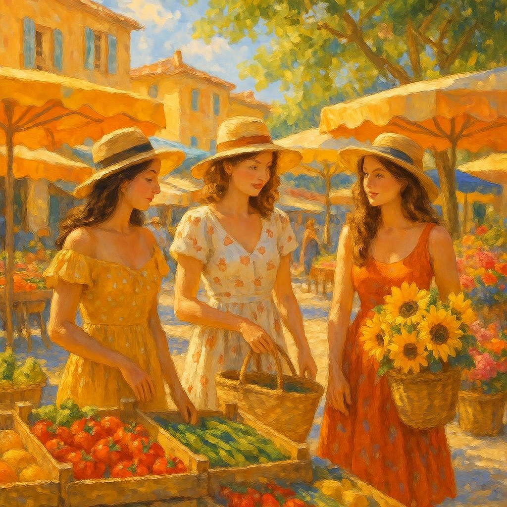 Peinture de 3 jeunes femmes dans un marché en Provence, France. Painting of 3 young women in a market in Provence, France
